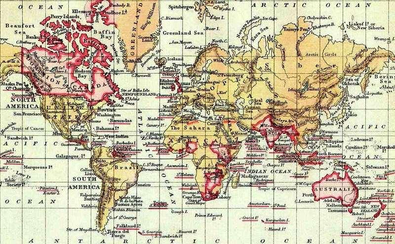 Παρατηρώντας το χάρτη (με κόκκινο οι βρετανικές κτήσεις) απαντήστε στο ερώτημα: Γιατί ξεκίνησε η βιομηχανική επανάσταση στην
