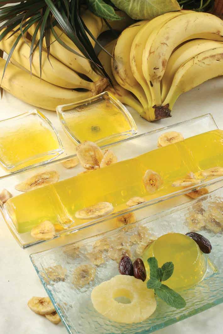 165 g / σε 1 λίτρο νερό 1 Kg με 6 lit υγρά, δίνει 7 lit περίπου έτοιμο προϊόν ή 58 μερίδες των 120 ml με διάφορα κομμάτια μπανάνας σαν επικάλυψη σε διάφορα