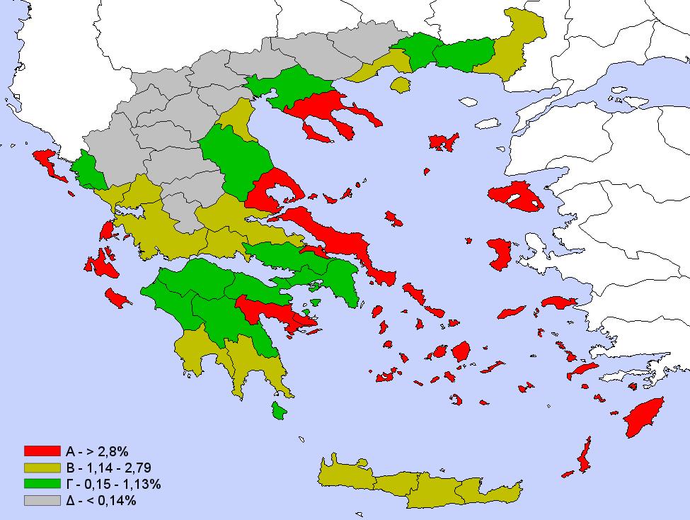 Ζώνες εξάρτησης από την αλιεία (ποσοστό απασχόλησης) Ο βαθμός εξάρτησης της απασχόλησης στον αλιευτικό κλάδο με βάση το δείκτη απασχολούμενων στον κλάδο προς το συνολικό ενεργό απασχολούμενο δυναμικό