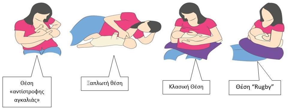 Τέσσερις Βασικοί Πυλώνες 1. Το κράτημα του μωρού και οι θέσεις του Θηλασμού Οι συνήθεις θέση θηλασμού είναι: 1. Κλασική θέση θηλασμού (θέση λίκνου) 2.