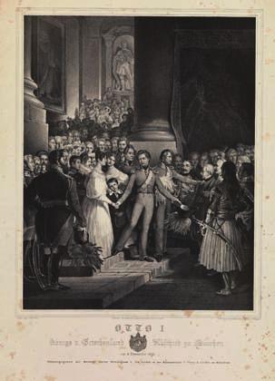 Μόναχο, Piloty & Loehle, [π. 1835]. Λιθογραφία, 446 x 348 mm. Χαραγμένη ἀπό τόν F. Schapper μέ βάση ἔργο τοῦ Ph. Foltz (ἐλαφρά ὀξειδωμένη, μικρά σχισίματα στά περιθώρια).