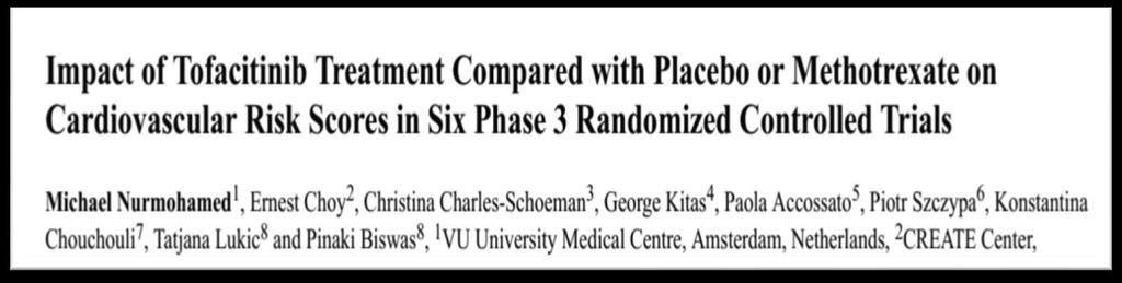 JAK αναστολείς TOFA & CVD 10-year Framingham CV risk score (3m) ΔΕΝ ήταν σημαντικά αυξημένος με tofacitinib vs pbo στις 3 από τις 5 Phase 3 trials Ήταν όμως