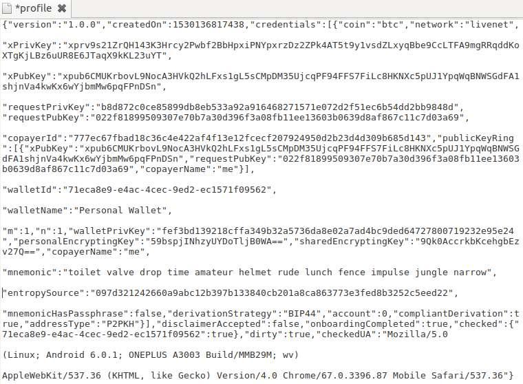 Τέλος, στο αρχείο /files/profile, μπορούμε να εντοπίσουμε και πάλι την μνημονική ακολουθία λέξεων σε μορφή απλού κειμένου, καθώς και όλα τα προηγούμενα ευρήματά μας, χωρίς να έχουν πραγματοποιηθεί