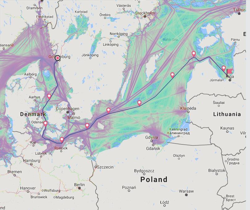 Figure 40 Διαδρομή Gothenburg (Σουηδία)-Riga (Λετονία) (Πηγή:Google Maps) Σύμφωνα με τα χαρακτηριστικά της κύριας και των βοηθητικών μηχανών που τοποθετήσαμε στο πλοίο προκύπτουν οι αντίστοιχες