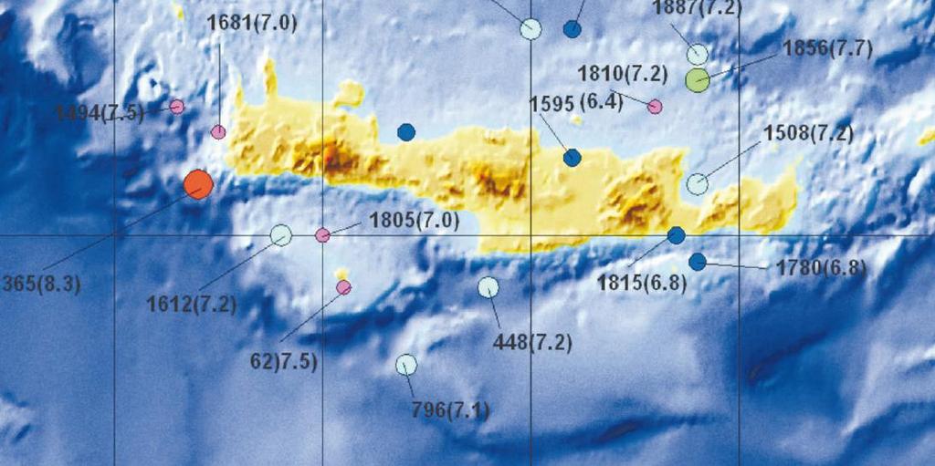 1508 στην Ιεράπετρα 7,2 Ρίχτερ 1810 στο Ηράκλειο 7,8 Ρίχτερ 1856 στο Ηράκλειο 8,2 Ρίχτερ 18/2/1910 στα Χανιά 6,9 Ρίχτερ 14/2/1930 στην Αϊτάνια στην Κρήτη 6,7 Ρίχτερ 25/2/1935 στα Ανώγια 7,0 Ρίχτερ