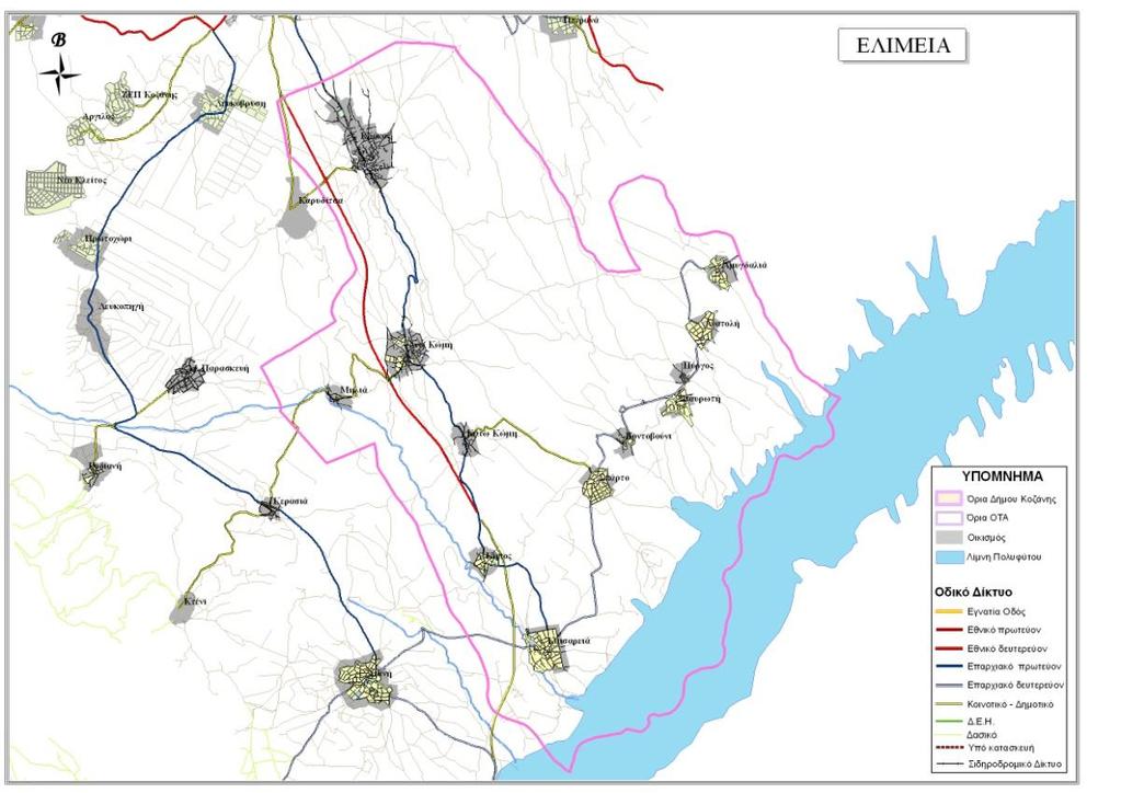 Χάρτης 2.2.7: ΟΔΙΚΟ ΔΙΚΤΥΟ ΔΗΜΟΤΙΚΗΣ ΕΝΟΤΗΤΑΣ ΕΛΙΜΕΙΑΣ (ΠΗΓΗ: Γραφείο ΓΣΠ (GIS) Δήμου Κοζάνης) Το αγροτικό δίκτυο υπολογίζεται σε 386 χλμ.