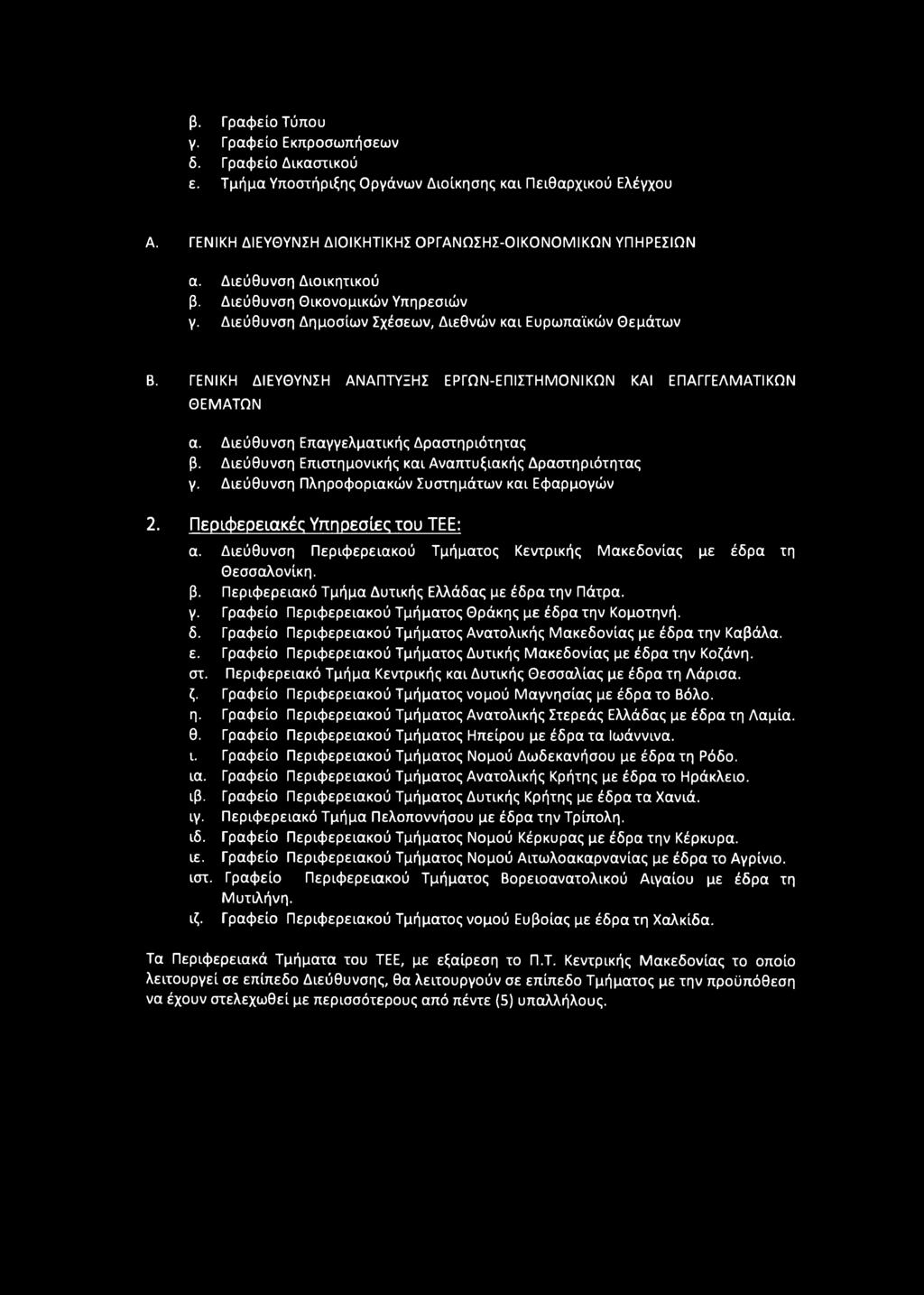 Διεύθυνση Επαγγελματικής Δραστηριότητας β. Διεύθυνση Επιστημονικής και Αναπτυξιακής Δραστηριότητας γ. Διεύθυνση Πληροφοριακών Συστημάτων και Εφαρμογών 2. Περιφερειακές Υπηρεσίες του ΤΕΕ: α.