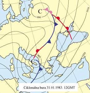Ciklonalna (mračna, škura) bura Kada preko Jadrana prelazi ciklona od NW prema SE, dok istovremeno nad srednjom Europom jača greben Azorske ili Sibirske anticiklone, na prednjoj strani ciklone puše
