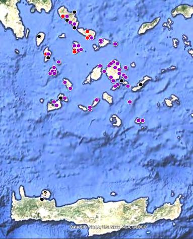 μελέτης, με μαύρους οι περιοχές που αναφέρονται στην βιβλιογραφία και με
