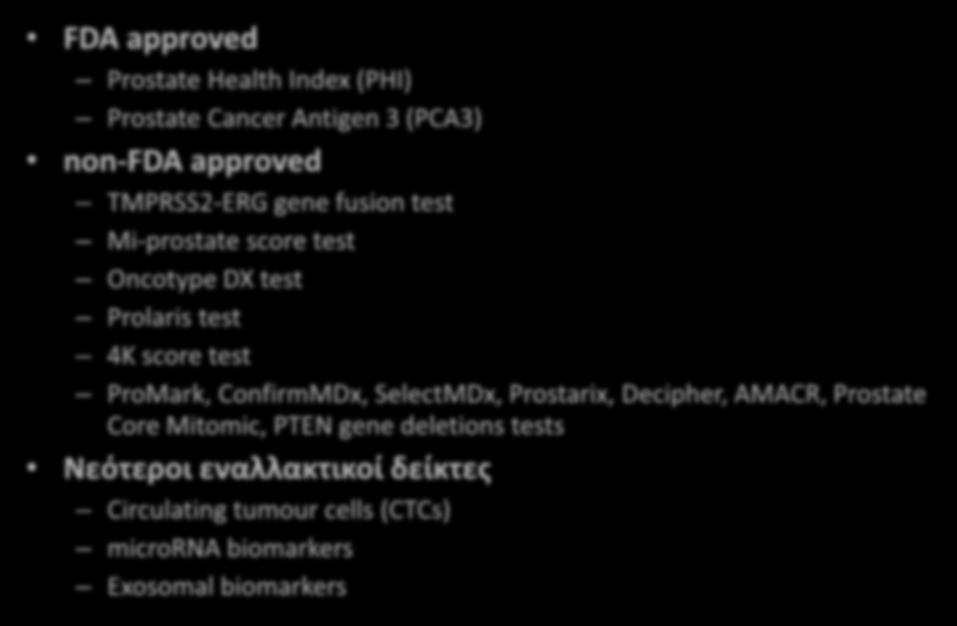 Νέοι βιοδείκτες στον CaP FDA approved Prostate Health Index (PHI) Prostate Cancer Antigen 3 (PCA3) non-fda approved TMPRSS2-ERG gene fusion test Mi-prostate score test Oncotype DX test Prolaris test