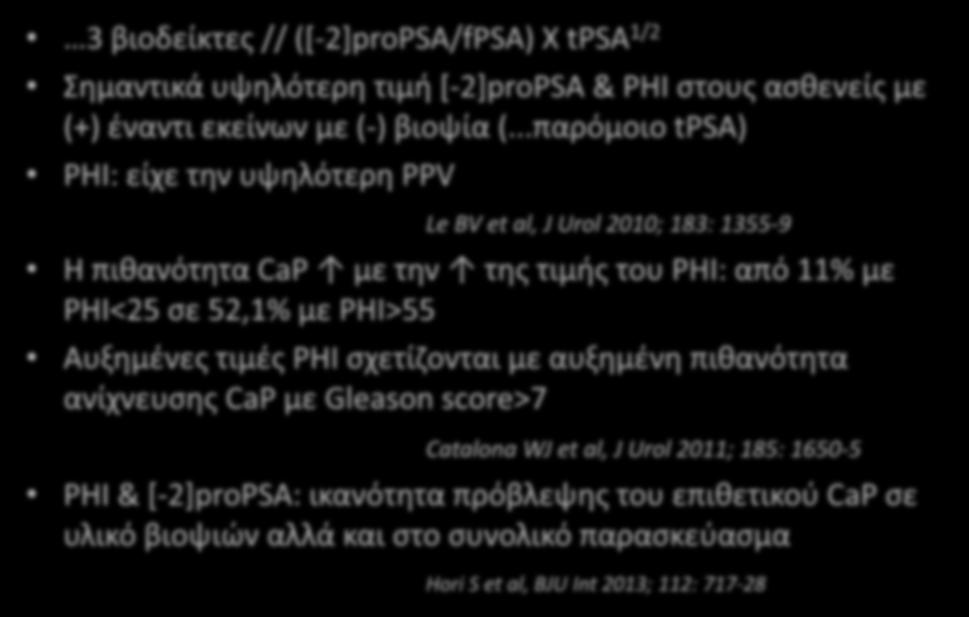 PHI 3 βιοδείκτες // ([-2]proPSA/fPSA) X tpsa 1/2 Σημαντικά υψηλότερη τιμή [-2]proPSA & PHI στους ασθενείς με (+) έναντι εκείνων με (-) βιοψία (.