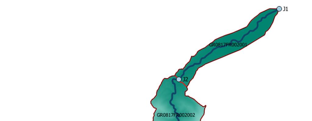 Εικόνα 6.3: Χάρτης περιοχής μελέτης, όπου απεικονίζεται η σχηματοποίηση των κόμβων και κλάδων του υδρογραφικού δικτύου και των υπολεκανών. Πίνακας 6.