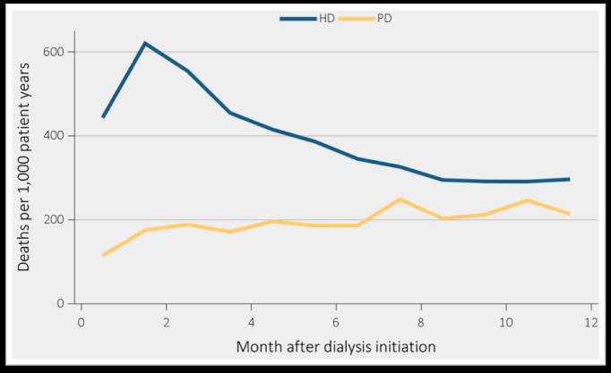 Adjusted mortality (deaths per 1000 patient-years) by treatment modality and number of months