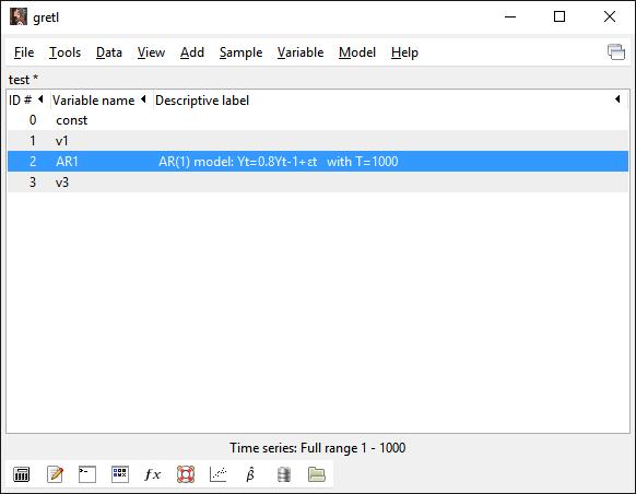 Στο βασικό παράθυρο του GRETL όταν έχουμε «φορτώσει» κάποιο αρχείο δεδομένων (στην επόμενη εικόνα το αρχείο με όνομα test), εμφανίζονται οι μεταβλητές των δεδομένων (Variable name) που περιέχει και