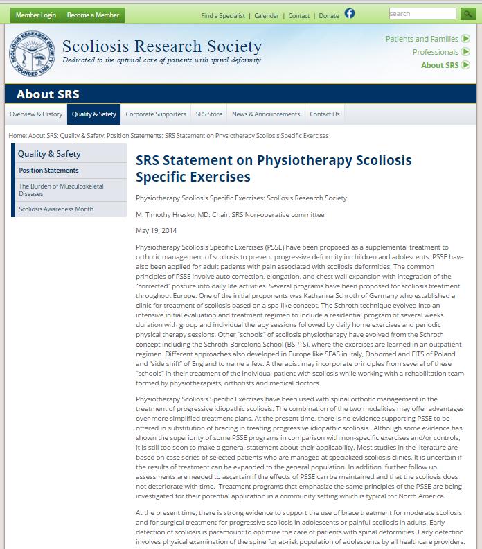 SRS Official Statement on PSSE (2014) Scoliosis Research Society There is scientific evidence that PSSE are superior than general or no exercises A