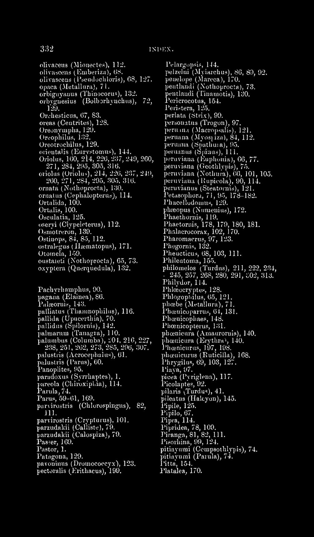 üriolus, 160, 214, 220, 237, 249, 260, 271, 284, 295, 30ö, 316. oriolus (Oriolu.s), 214, 226, 237, 249, 260, 271, 284, 295, 305, 316. ornata (Nothoprocta), 130. ornalus (CephalopteriisJ, 114.