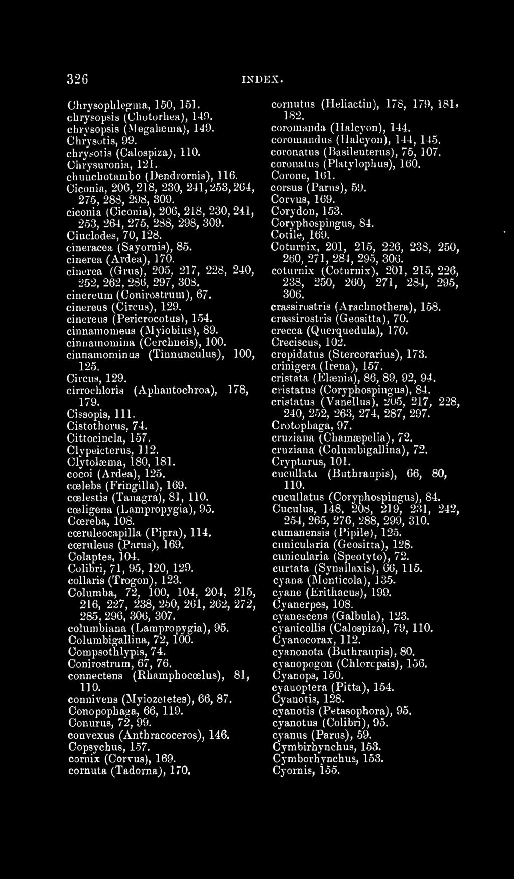 cinerea ((h'us), 205, 217, 228, 240, 252, 262, 286, 297, 308, cineieum (Conirostrum), 67. cinereus (Circus), 129. cinereus (Pericrocotus), 154. cinnanioiueus (Myiobius), 89.