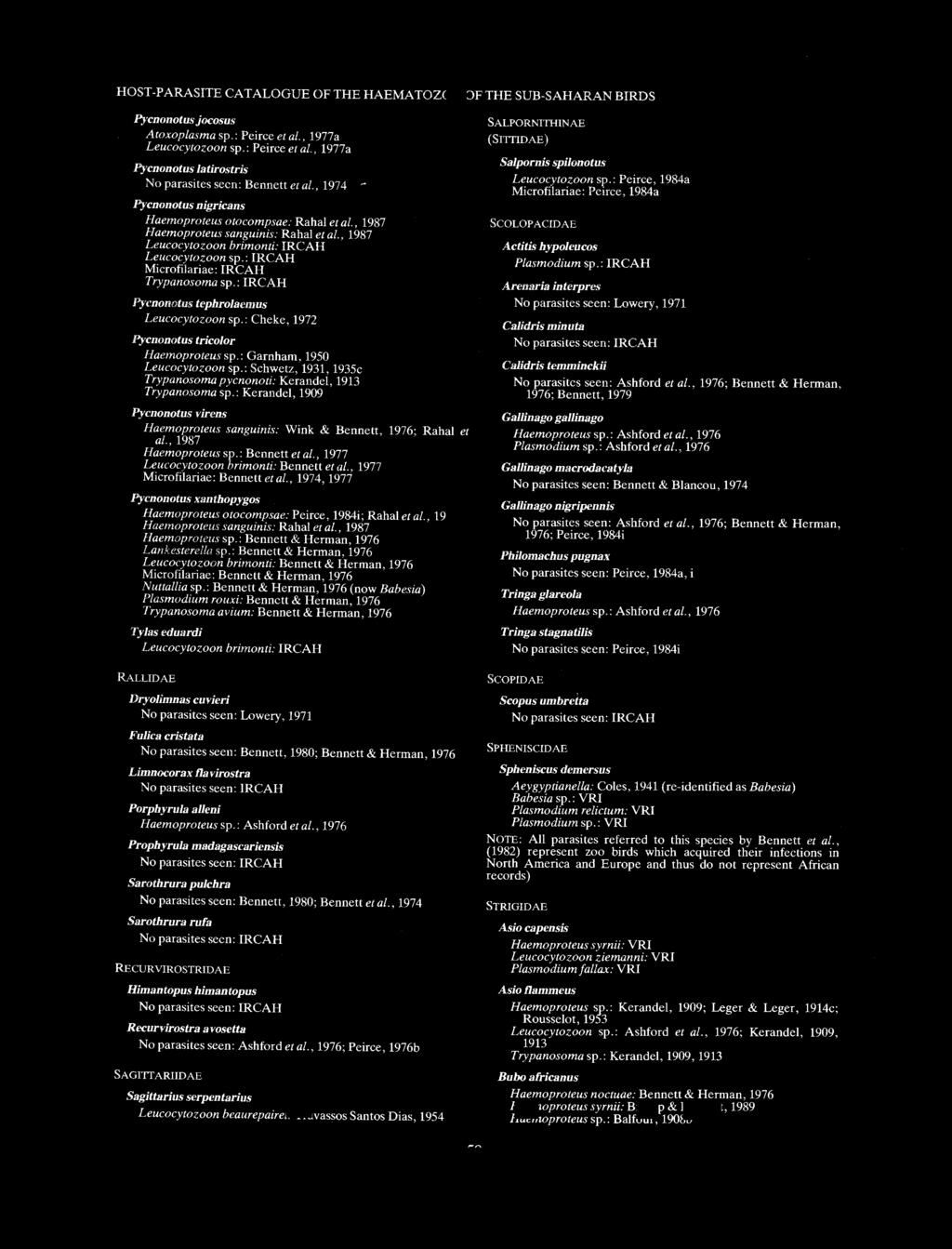 HOST-PARASITE CATALOGUE OF THE HAEMATOZOA OF THE SUB-SAHARAN BIRDS Pycnonotus jocosus Atoxoplasma sp.: Peirce etal., 1977a Leucocytozoon sp.: Peirce et al.