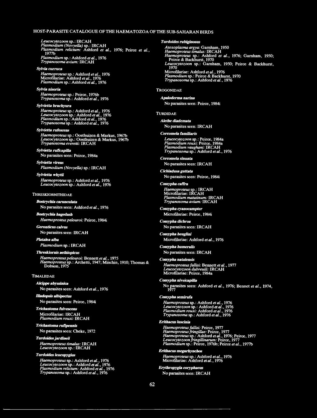 : Ashford el al., 1976 Plasmodium sp.: Ashford et al., 1976 Trypanosoma sp.: Ashford et al., 1976 Sylvietta rufescens Haemoproteus sp.: Oosthuizen & Markus, 1967b Leucocytozoon sp.
