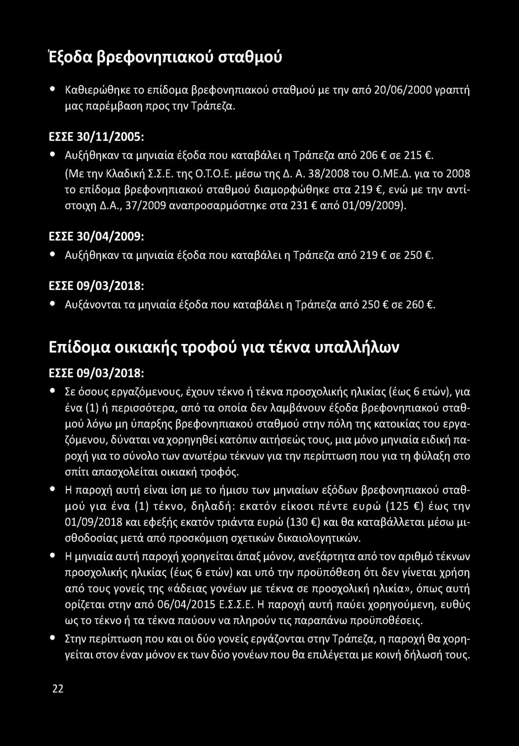 Α. 38/2008 του Ο.ΜΕ.Δ. για το 2008 το επίδομα βρεφονηπιακού σταθμού διαμορφώθηκε στα 219, ενώ με την αντίστοιχη Δ.Α., 37/2009 αναπροσαρμόστηκε στα 231 από 01/09/2009).