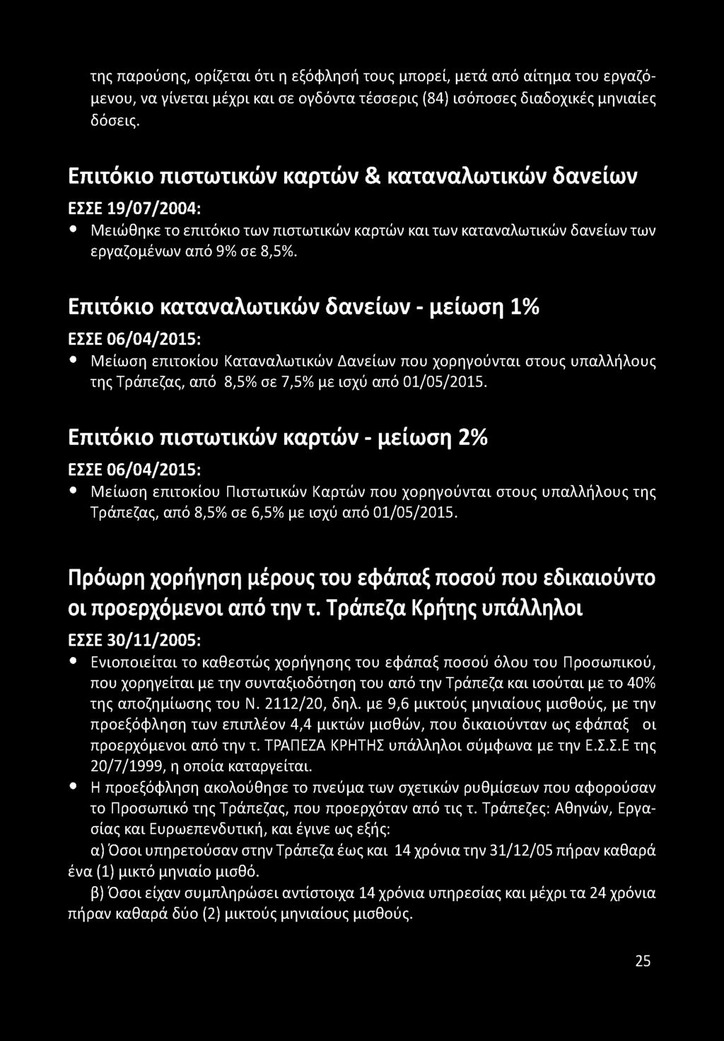 Επιτόκιο καταναλωτικών δανείων - μείωση 1% ΕΣΣΕ 06/04/2015: Μείωση επιτοκίου Καταναλωτικών Δανείων που χορηγούνται στους υπαλλήλους της Τράπεζας, από 8,5% σε 7,5% με ισχύ από 01/05/2015.