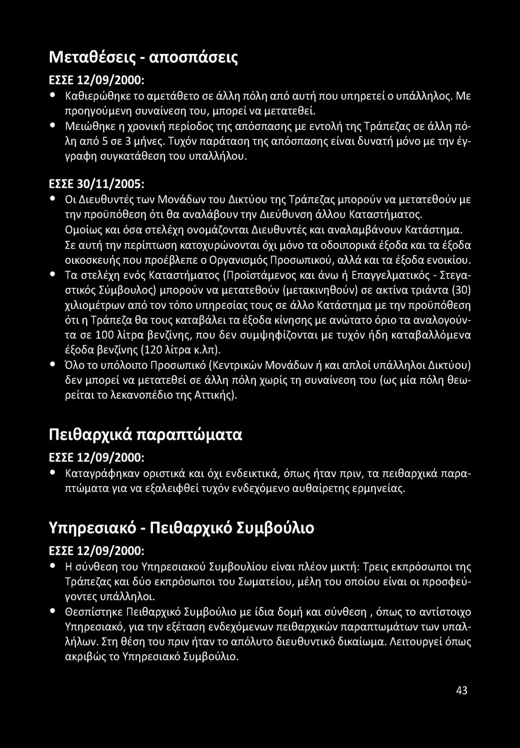 ΕΣΣΕ 30/11/2005: Οι Διευθυντές των Μονάδων του Δικτύου της Τράπεζας μπορούν να μετατεθούν με την προϋπόθεση ότι θα αναλάβουν την Διεύθυνση άλλου Καταστήματος.