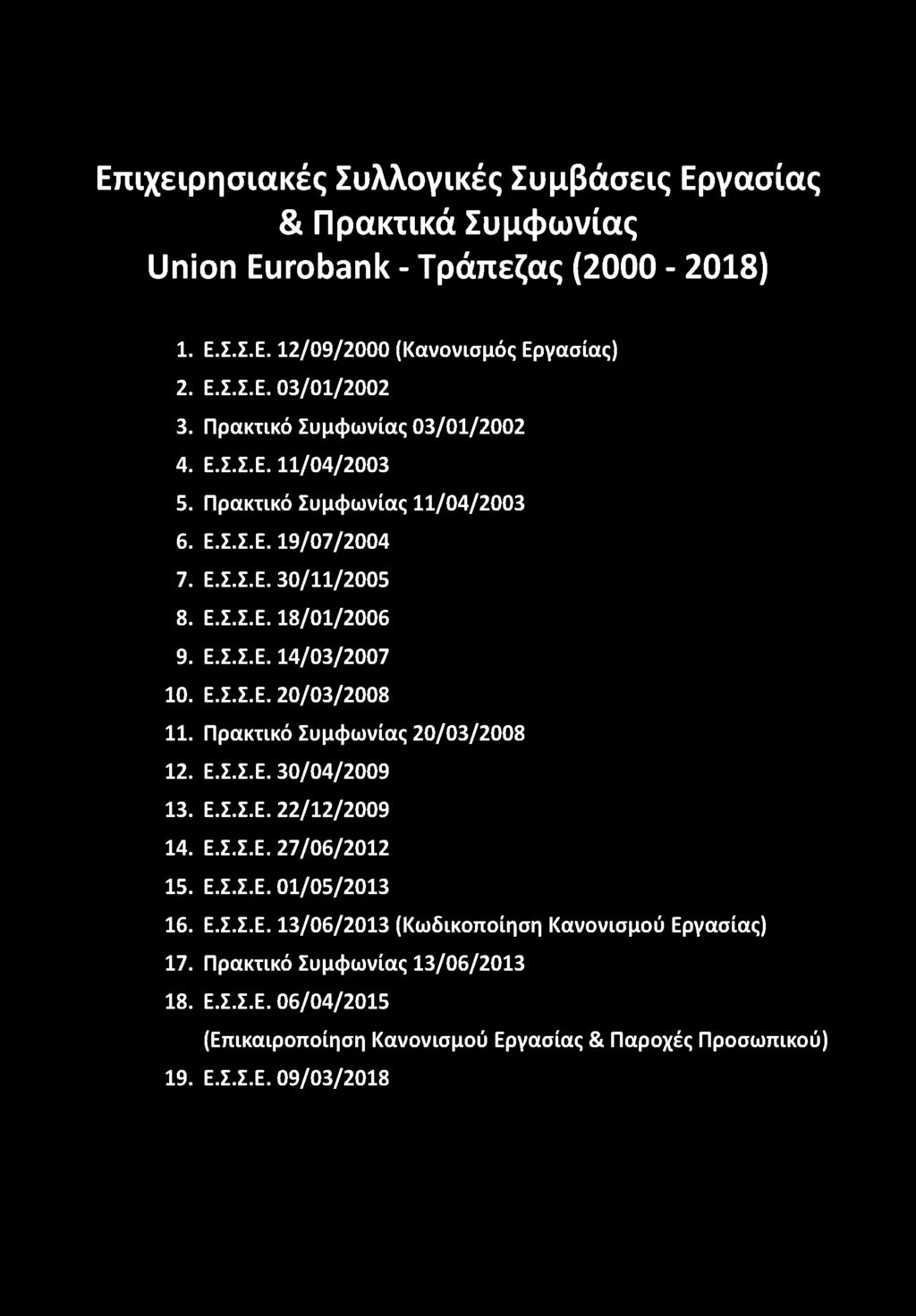 Ε.Σ.Σ.Ε. 20/03/2008 11. Πρακτικό Συμφωνίας 20/03/2008 12. Ε.Σ.Σ.Ε. 30/04/2009 13. Ε.Σ.Σ.Ε. 22/12/2009 14. Ε.Σ.Σ.Ε. 27/06/2012 15. Ε.Σ.Σ.Ε. 01/05/2013 16. Ε.Σ.Σ.Ε. 13/06/2013 (Κωδικοποίηση Κανονισμού Εργασίας) 17.