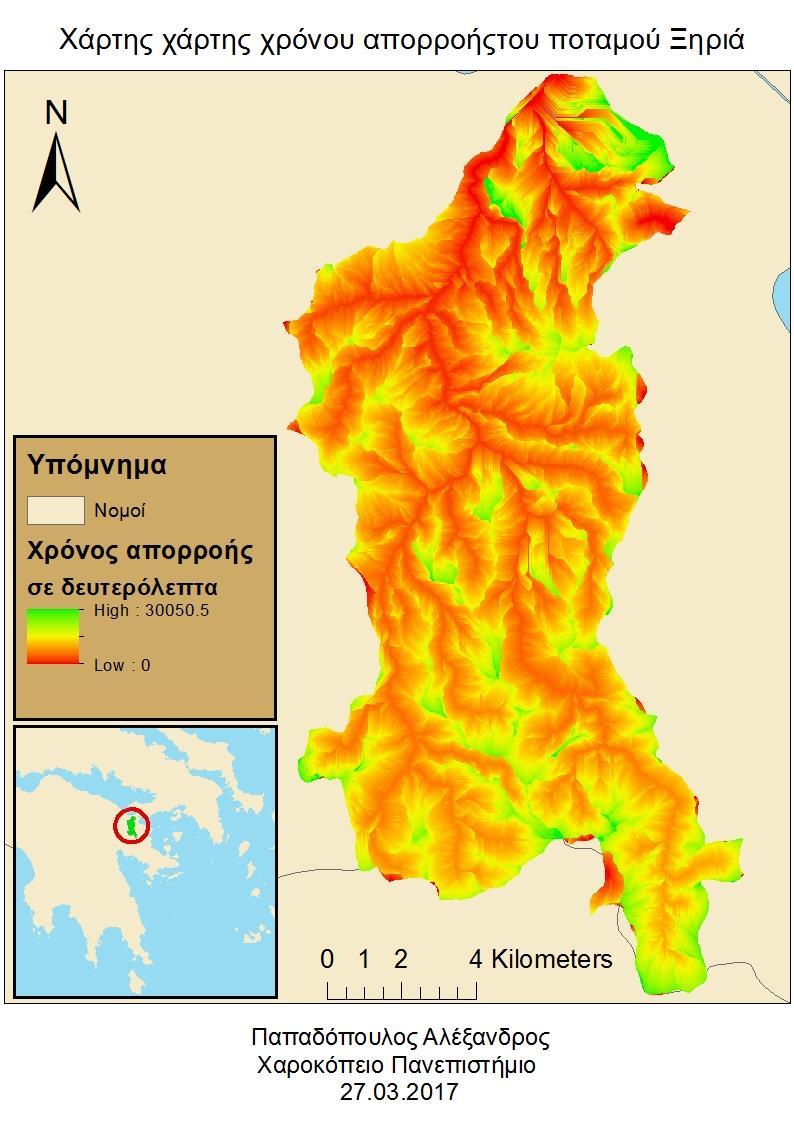 απορροής χωρίζεται σε κλάσεις με τη λετουργία reclassify, όπου ορίζεται διάστημα 3600 (αριθμός δευτερολέπτων μέσα σε μία ώρα). Το αποτέλεσμα είναι ένα επίπεδο με ισόχρονες χρόνου απορροής ανά ώρα.