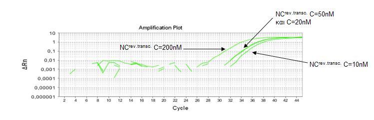 Εικόνα 26. Γραφική παράσταση της μεταβολής του εκπεμπόμενου φθορισμού σε συνάρτηση με τους κύκλους της Real Time PCR κατά την ενίσχυση του hsa-mir-34a για τα control NC rev.transc.