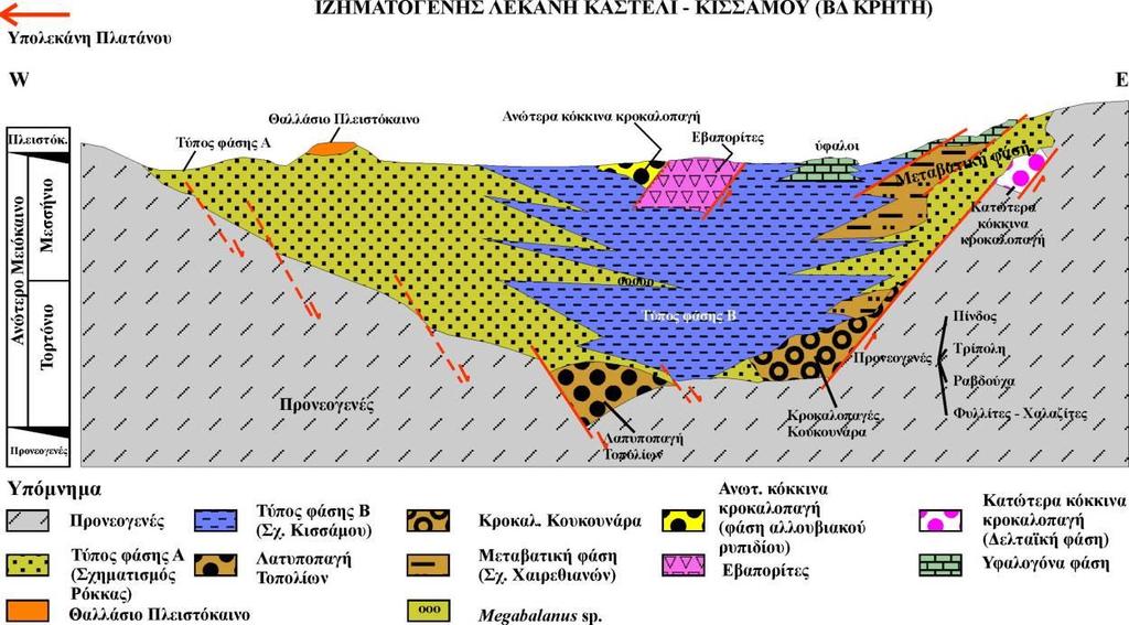 Σχήμα 1.5:Ιζηματογενής λεκάνη Κισσάμου (Τροποποιημένο από Κeupp & Bellas 2000). 1.3.1.2 Στοιχεία Τεκτονικής Οι λεκάνες του Πλατάνου και του Καστελίου οριοθετούνται από ρήγματα που κλίνουν ΔΒΔ και ΒΒΑ.