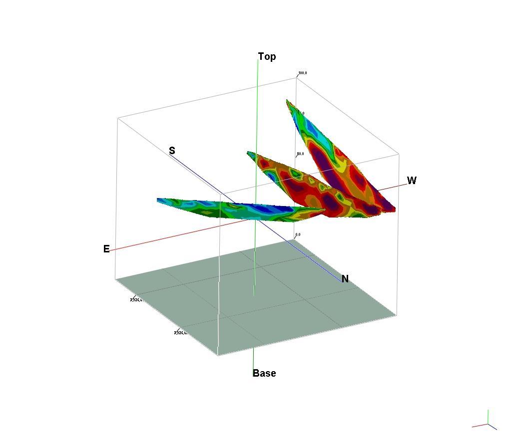 Εικόνα3.1: Χωρική απεικόνιση των γεωηλεκτρικών τομώνμε τη μέθοδο Διπόλου-Διπόλου σύμφωνα με τις συντεταγμένες των γραμμών μελέτης. Προοπτική από ΒΑ.
