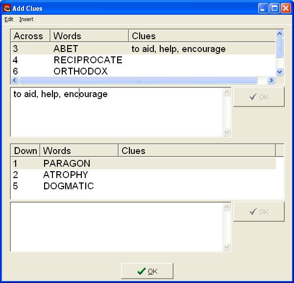 You will see the following screen to enter your clues Notice that ACROSS words are on top and DOWN words are on the