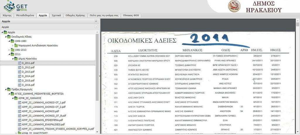 48 Εικόνα 8: Δήμος Ηρακλείου- Εργαλείο «Αρχείο» Με το εργαλείο «Αρχείο» ο δημότης μπορεί να βρει, να