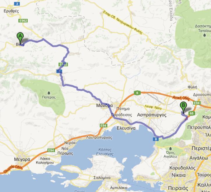 Εικόνα 5-5: Διαδρομή μεταφοράς των σύμμεικτων απορριμμάτων από τη Δ.Ε. Βιλλίων στο ΧΥΤΑ Άνω Λιοσίων Πηγή: Google Maps,
