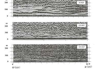 ΚΕΦΑΛΑΙΟ 3 ΕΦΑΡΜΟΓΕΣ ΠΕΡΙΒΑΛΛΟΝΤΙΚΗΣ ΓΕΩΦΥΣΙΚΗΣ Η ανάλυση των δεδοµένων γεωραντάρ έδειξε συνεχείς ανακλάσεις µέχρι τα 200nsec, ιδιαίτερα στο δεξί τµήµα για την τοµή ΟΝ (εικόνα 3.8).