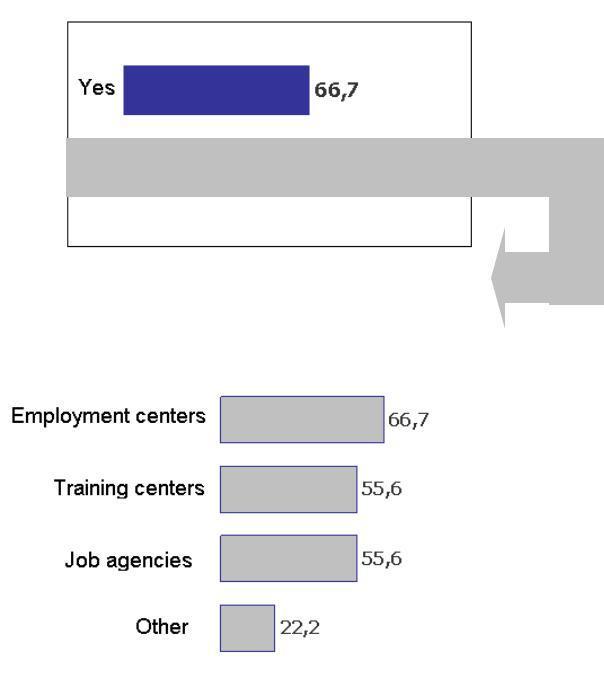 Το 66,7% αυτών παρέχει άμεσα υπηρεσίες για την εργασιακή ένταξη, ενώ το 33,3% αυτών παραπέμπει σε άλλους φορείς ή κέντρα (ειδικά σε γραφεία