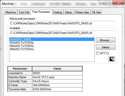 Στην επιλογή simulation machine επιλέχθηκε το Sample_5Ax_TT όπου όταν θα χρειαστεί να γίνει προσομοίωση της κατεργασίας στην εργαλειομηχανή θα εμφανιστεί το περιβάλλον της 5-αξονικής φρέζας με