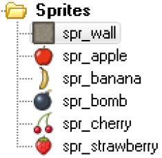 Με παρόμοιο τρόπο προσθέστε sprites για το μήλο (apple), την μπανάνα (banana), τη βόμβα (bomb), το κεράσι (cherry) και τη φράουλα (strawberry).