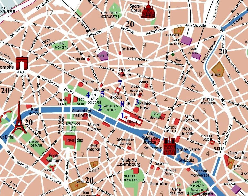 Τμήμα 1 του χάρτη Α: Τόποι-μνημεία αρ. 1-8 στην Δεξιά όχθη 1 ΚΕΡΑΜΕΙΚΟΣ (Ανάκτορα) (Palais de Tuileries).