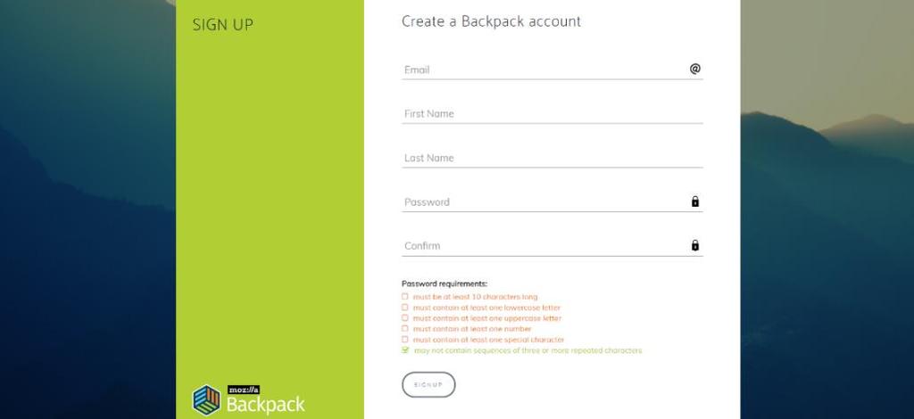 org/backpack/welcome) και να δημιουργήσετε έναν λογαριασμό πατώντας στο Sign Up.