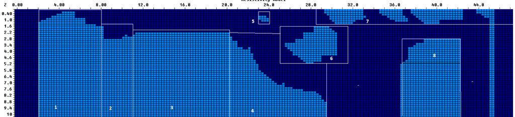 Σχήμα 4.13: Απεικόνιση του γεωηλεκτρικού μοντέλου. Τα λευκά πλαίσια τονίζουν τις θέσεις των εξεταζόμενων περιοχών.