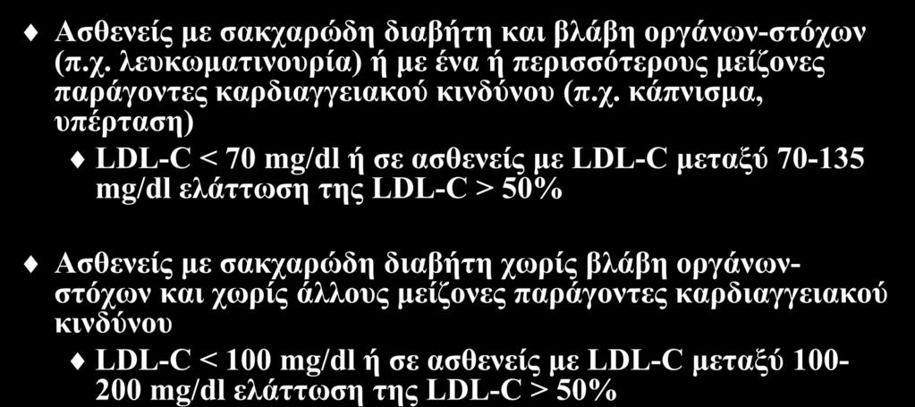 Στόχοι της LDL-C στους διαβητικούς ασθενείς Ασθενείς με σακχαρώδη διαβήτη και βλάβη οργάνων-στόχων (π.χ. λευκωματινουρία) ή με ένα ή περισσότερους μείζονες παράγοντες καρδιαγγειακού κινδύνου (π.χ.