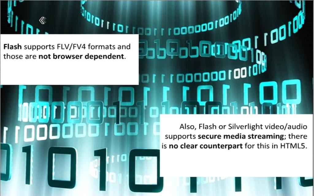 To Adobe Flash είναι ανεξάρτητο από λειτουργικό σύστημα/ φυλλομετρητή Το Flash υποστηρίζει FLV/FV4 formats και δεν εξαρτάται από το πρόγραμμα περιήγησης.