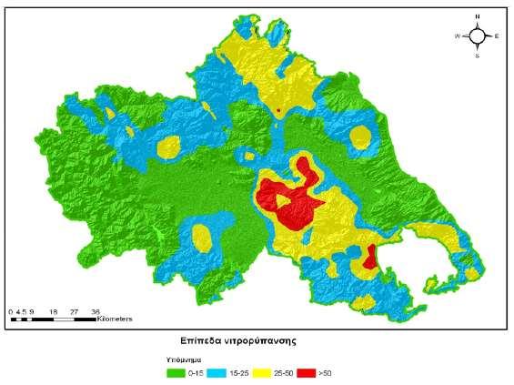 Εικόνα 4: Επίπεδα νιτρορύπανσης στη λεκάνη απορροής του Πηνειού ποταμού Ο Παγκόσμιος Οργανισμός Υγείας έχει προτείνει ως μέγιστη επιτρεπόμενη τιμή συγκέντρωσης των νιτρικών στο πόσιμο νερό τα 50 mg/l.