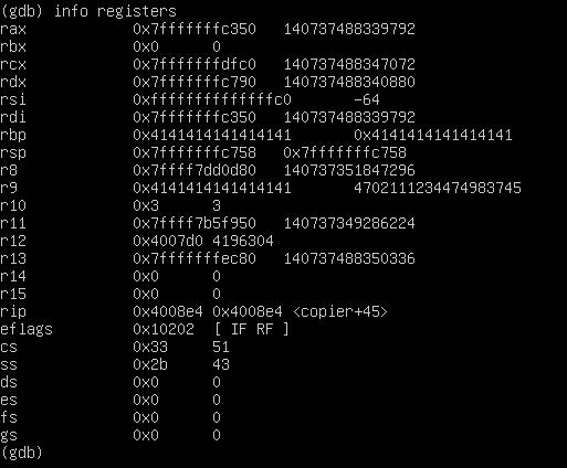 Εποπτεύουμε τους καταχωρητές μνήμης με info registers. Πέρα από την προσθήκη νέων registers και την αλλαγή των γνώριμων μας με το πρόθεμα r (CTF).register) αντί για e (CTF).