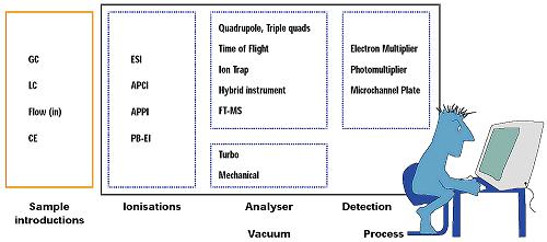 Principles of Mass Spectrometry In addition to the analyzer, the mass spectrometer also includes A vacuum system Tools to introduce the sample (LC, GC ) Tools to produce the gas