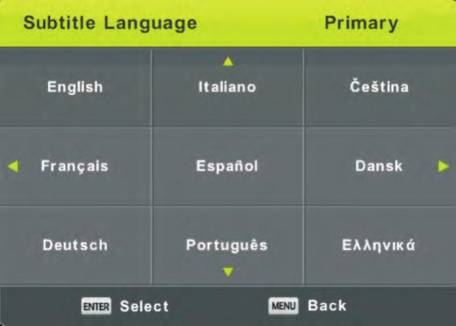 Subtitle Language (Γλώσσα υπότιτλων) Πατήστε το κουμπί / για να επιλέξετε Subtitle Language (Γλώσσα υπότιτλων) και μετά πατήστε το κουμπί Enter για είσοδο στο υπομενού.