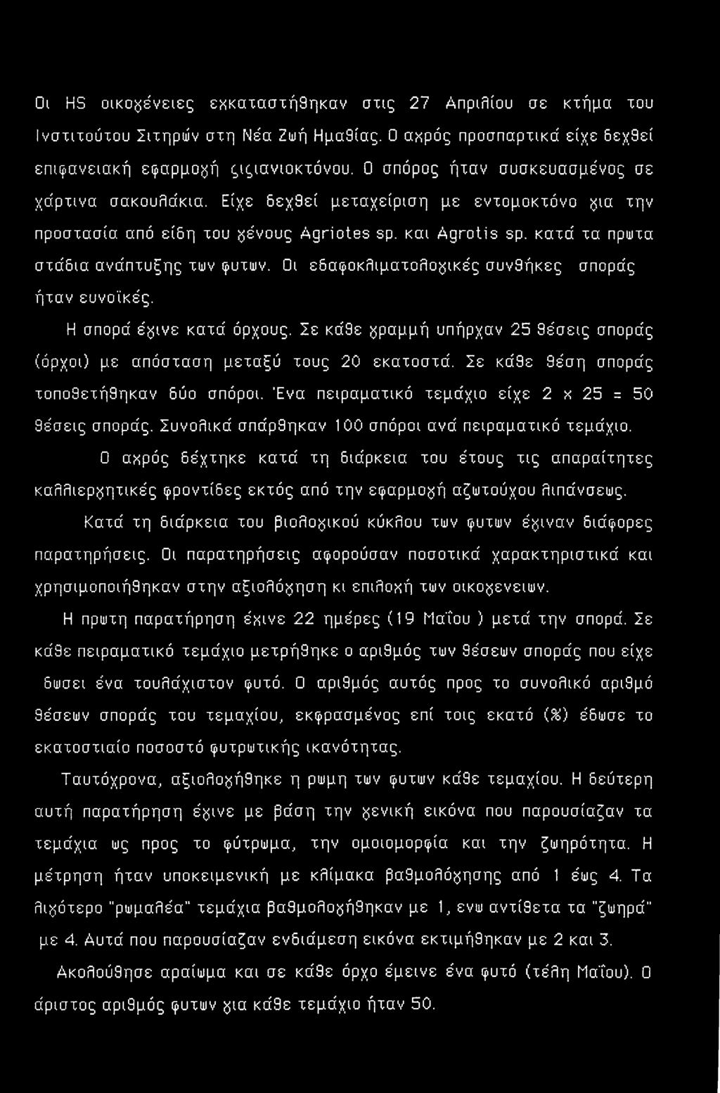 Οι εδαφοκλιματολοξμκές συνθήκες σποράς ήταν ευνοϊκές. Η σπορά έ^ινε κατά όρχους. Σε κάθε γραμμή υπήρχαν 25 θέσεις σποράς (όρχοι) με απόσταση μεταξύ τους 20 εκατοστά.