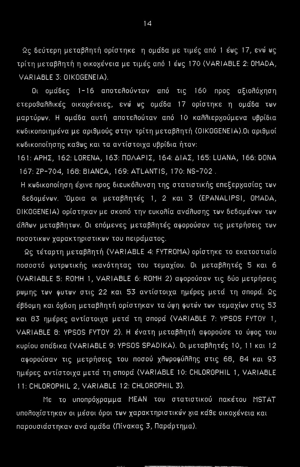 Η ομάδα αυτή αποτελούταν από 10 καλλιεργούμενα υβρίδια κωδικοποιημένα με αριθμούς στην τρίτη μεταβλητή (OIKOGENEIΑ).
