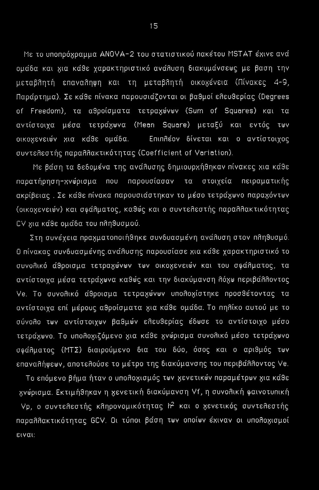 Σε κά9ε πίνακα παρουσιάζονται οι βαθμοί ελευθερίας (Degrees of Freedom), τα αθροίσματα τετραγώνων (Sum of Squares) και τα αντίστοιχα μέσα τετράγωνα (Mean Square) μεταξύ και εντός των οικογενειών κια